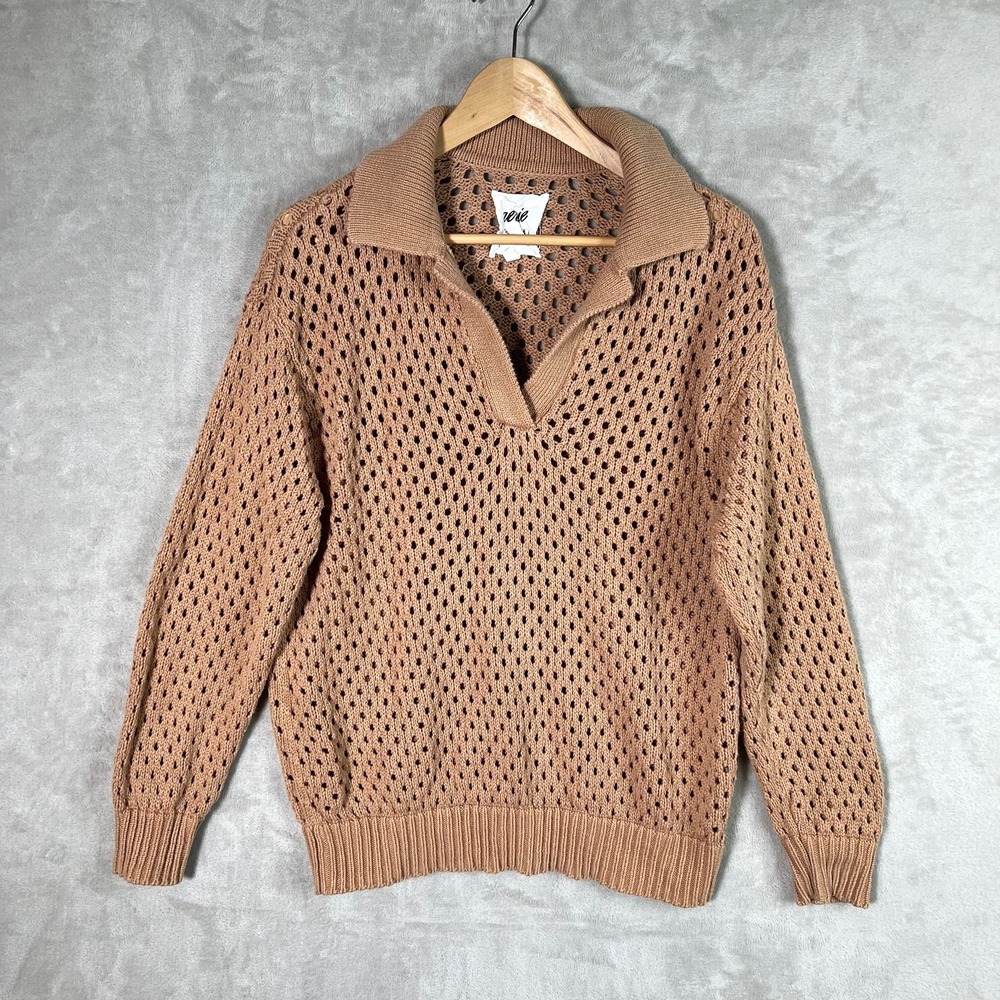 Aerie Oversized Open‎ Knit Polo Collar Sweater Small Tan Boho Beach Coastal